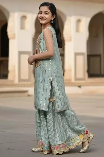 Blue embroidered cotton sharara set