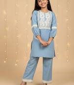 Blue embroidered cotton kurta set