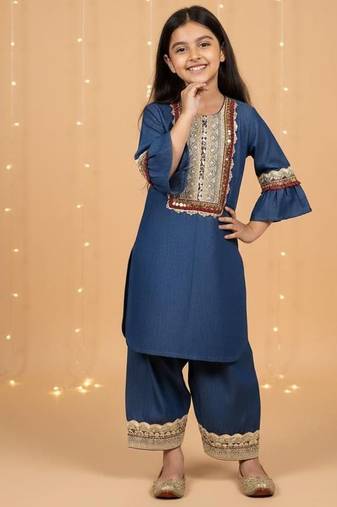 Blue embroidered cotton kurta set
