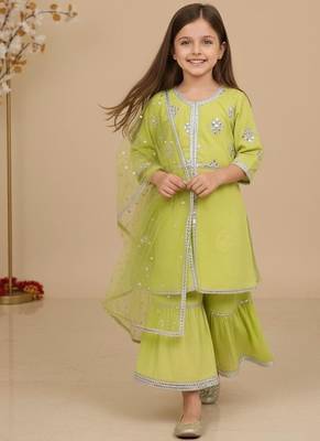 Green embroidered cotton sharara set 1