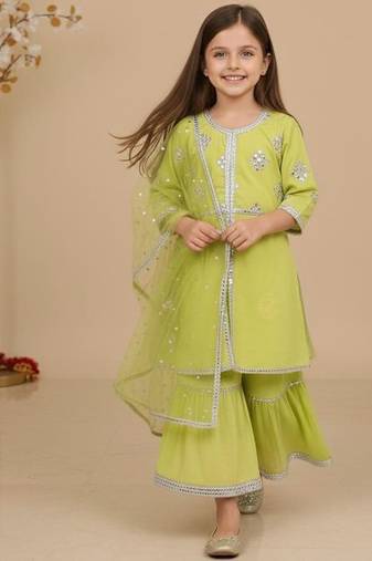 Green embroidered cotton sharara set