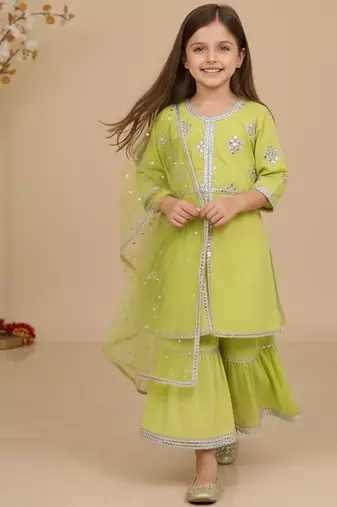 Green embroidered cotton sharara set