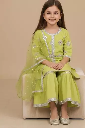 Green embroidered cotton sharara set