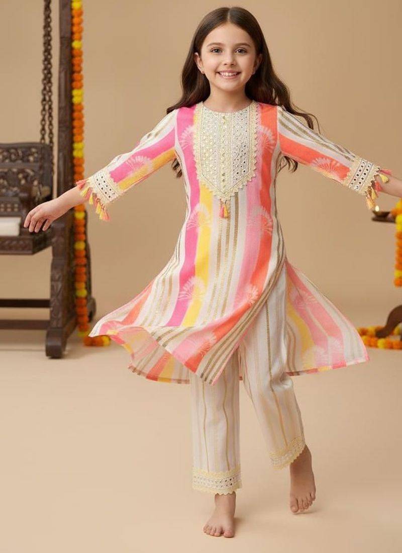 Multicolor embroidered cotton kurta set