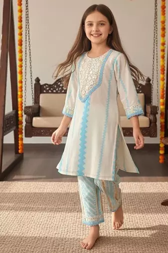 Blue embroidered cotton kurta set