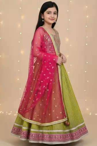 Green embroidered cotton lehenga set
