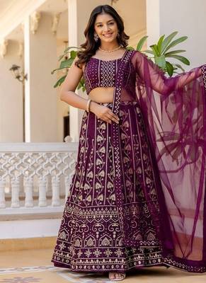 Wine georgette sequins embroidered lehenga set with choli and dupatta 1