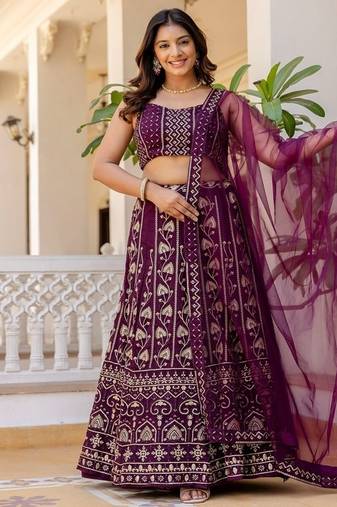 Wine georgette sequins embroidered lehenga set with choli and dupatta
