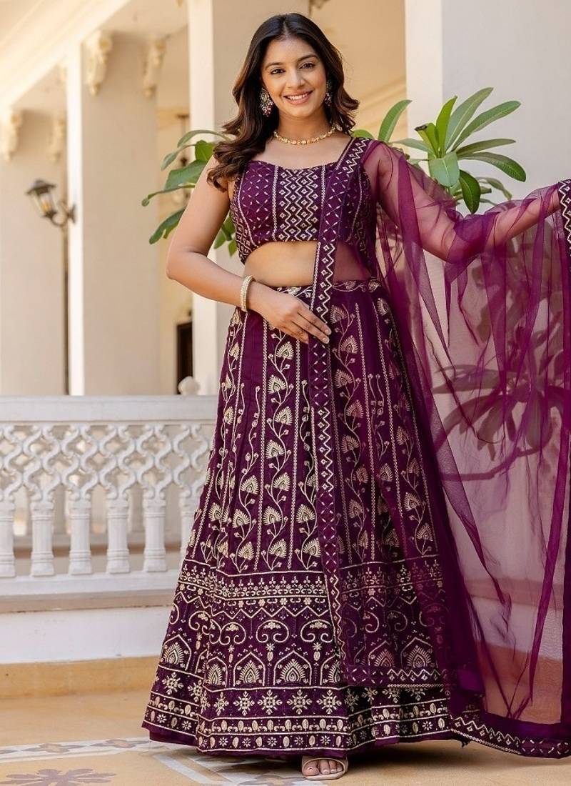 Wine georgette sequins embroidered lehenga set with choli and dupatta