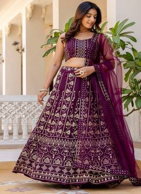 Wine georgette sequins embroidered lehenga set with choli and dupatta 2