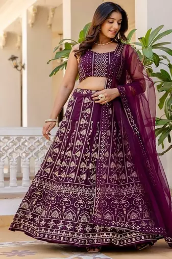 Wine georgette sequins embroidered lehenga set with choli and dupatta