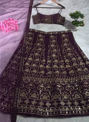 Wine georgette sequins embroidered lehenga set with choli and dupatta 4