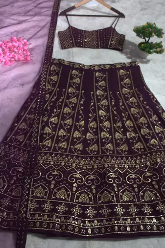 Wine georgette sequins embroidered lehenga set with choli and dupatta