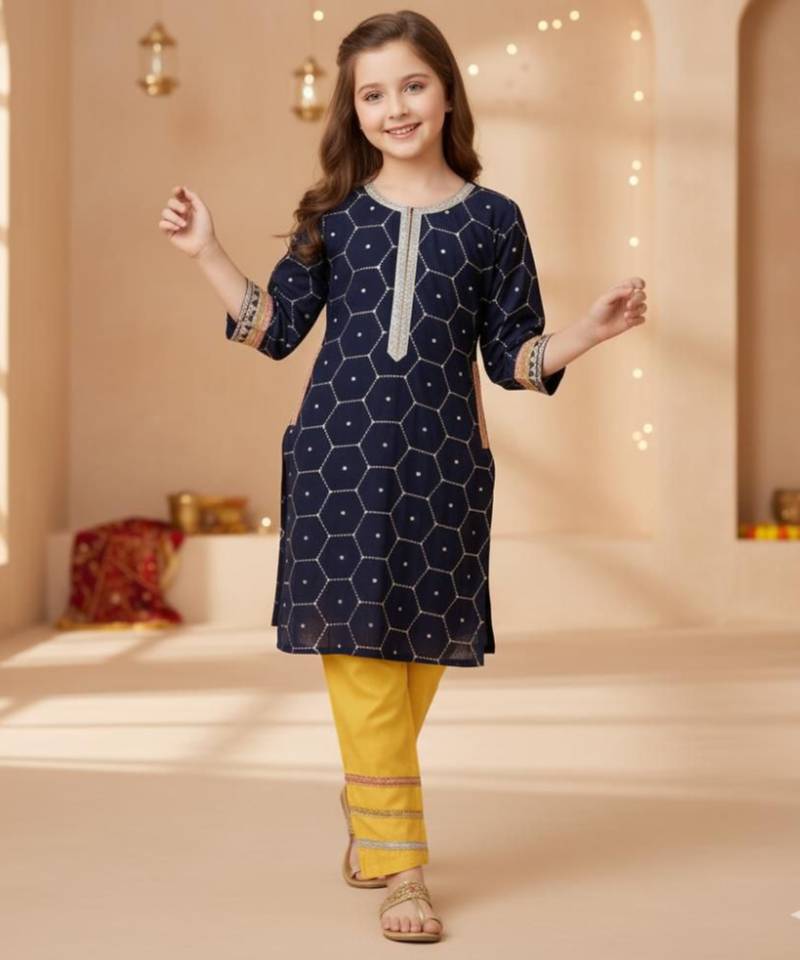 Blue embroidered silk kurta set