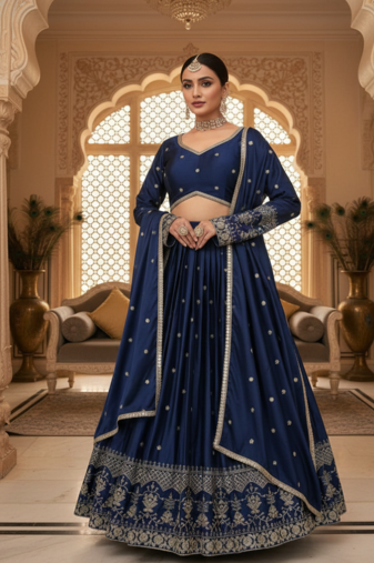 Blue Satin Thread With sequins work Lehenga set with Choli and dupatta