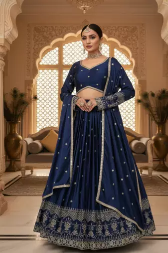 Blue Satin Thread With sequins work Lehenga set with Choli and dupatta