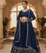 Blue Satin Thread With sequins work Lehenga set with Choli and dupatta