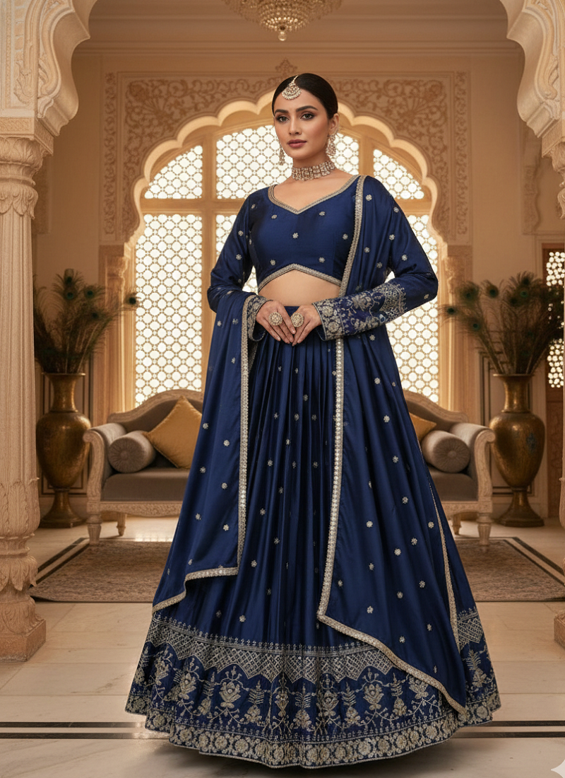 Blue Satin Thread With sequins work Lehenga set with Choli and dupatta