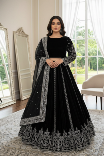 Black VELVET THREAD work Lehenga set with Choli and dupatta