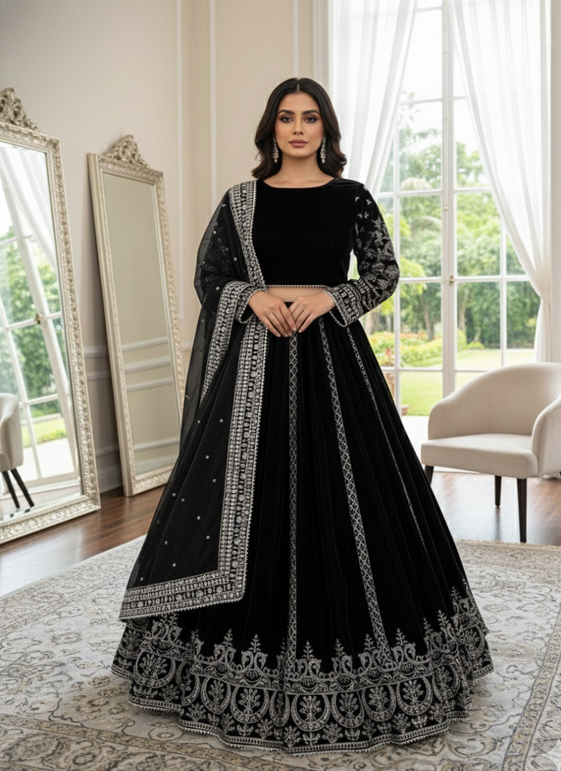 Black VELVET THREAD work Lehenga set with Choli and dupatta