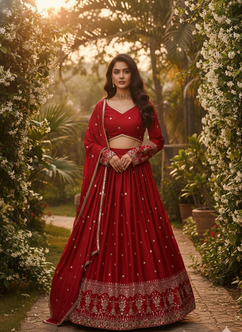 Red Silk Lehenga set with Choli and dupatta