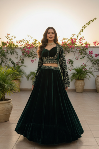 Green Velvet Viscose Golden Thread Lehenga set with Choli and dupatta