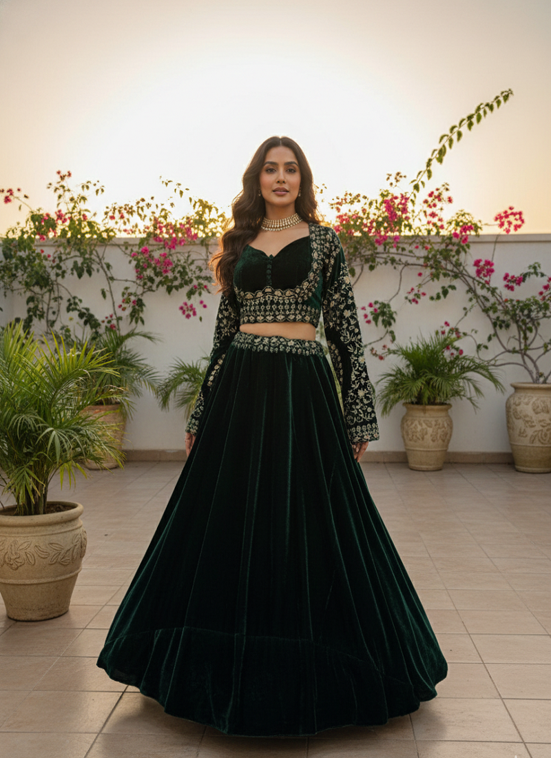Green Velvet Viscose Golden Thread Lehenga set with Choli and dupatta