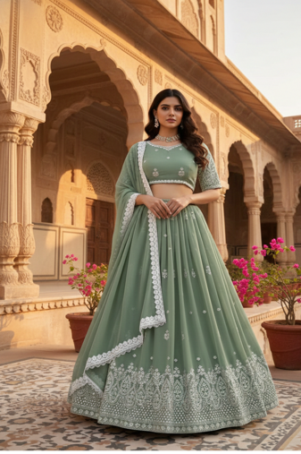 GREEN FAUX GEORGETTE sequin Lehenga set with Choli and dupatta