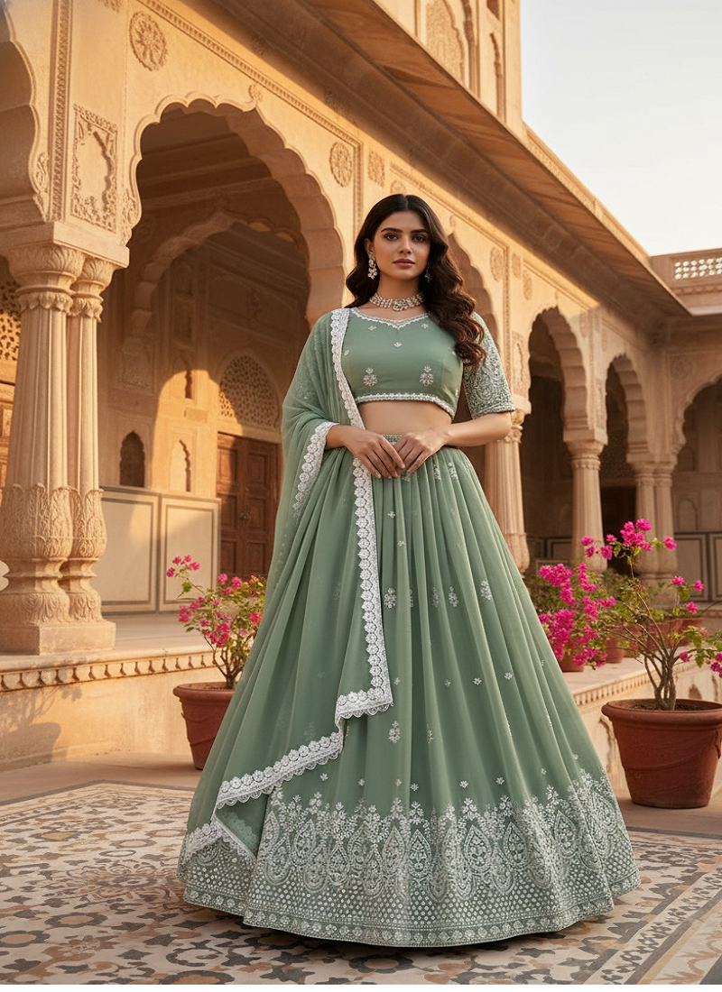 GREEN FAUX GEORGETTE sequin Lehenga set with Choli and dupatta
