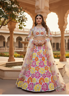 Multicolor FAUX GEORGETTE THREAD wrok Lehenga set with Choli and dupatta 1