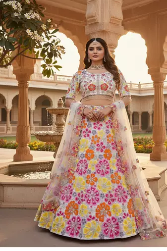 Multicolor FAUX GEORGETTE THREAD wrok Lehenga set with Choli and dupatta