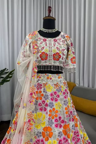 Multicolor FAUX GEORGETTE THREAD wrok Lehenga set with Choli and dupatta