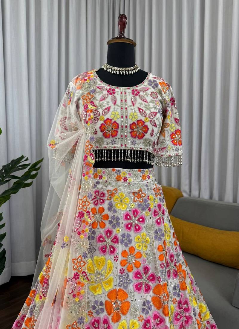 Multicolor FAUX GEORGETTE THREAD wrok Lehenga set with Choli and dupatta