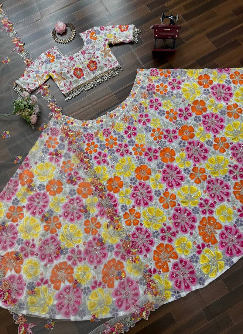 Multicolor FAUX GEORGETTE THREAD wrok Lehenga set with Choli and dupatta