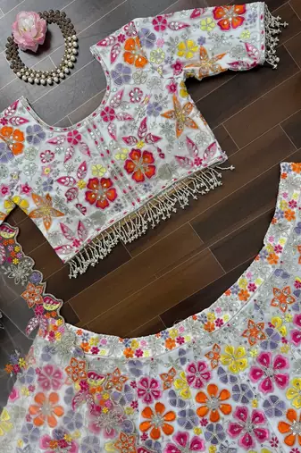 Multicolor FAUX GEORGETTE THREAD wrok Lehenga set with Choli and dupatta