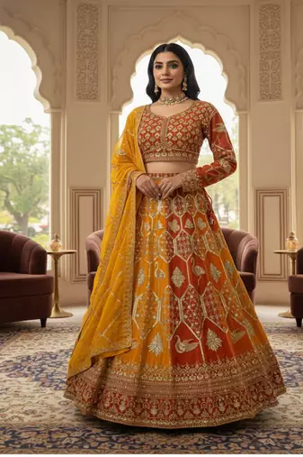 Mustard Yellow  Faux Georgette Lehenga set with Choli and dupatta with Dupatta