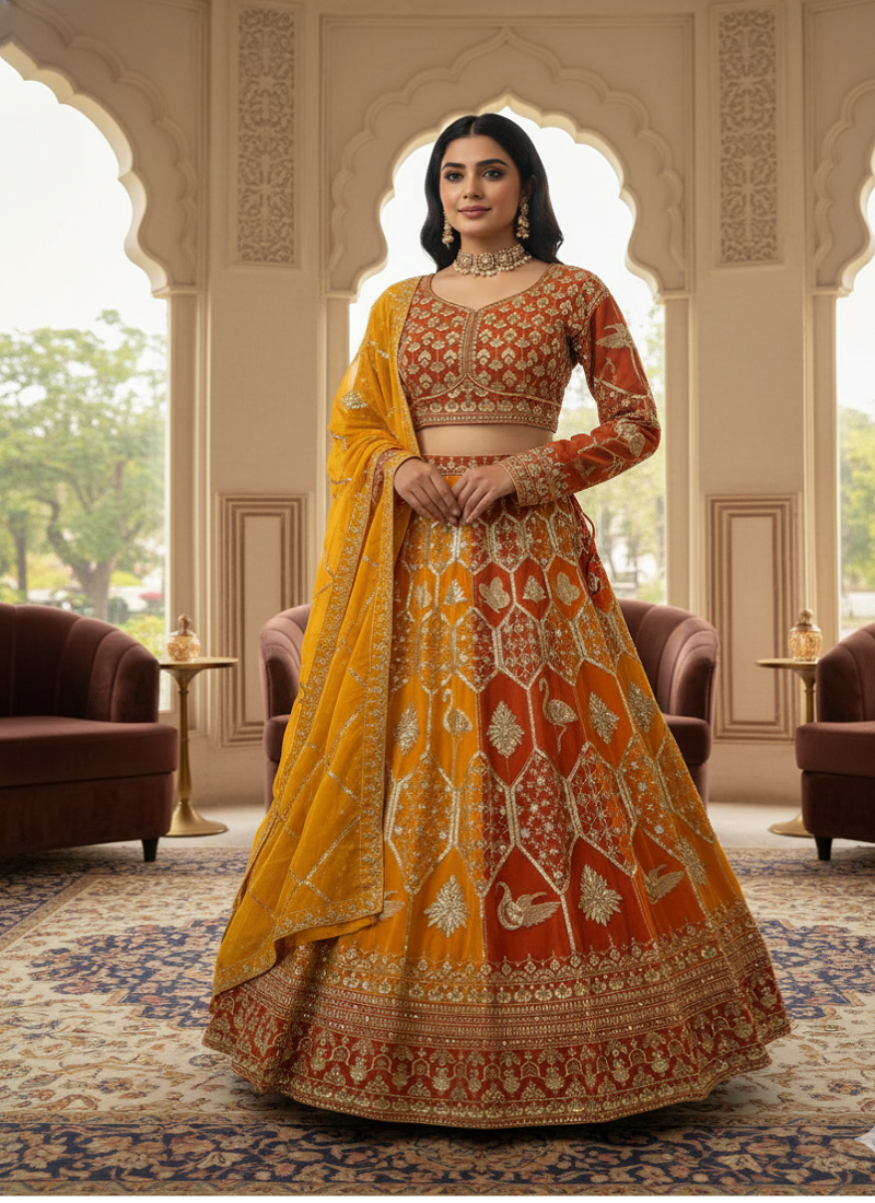 Mustard Yellow  Faux Georgette Lehenga set with Choli and dupatta with Dupatta