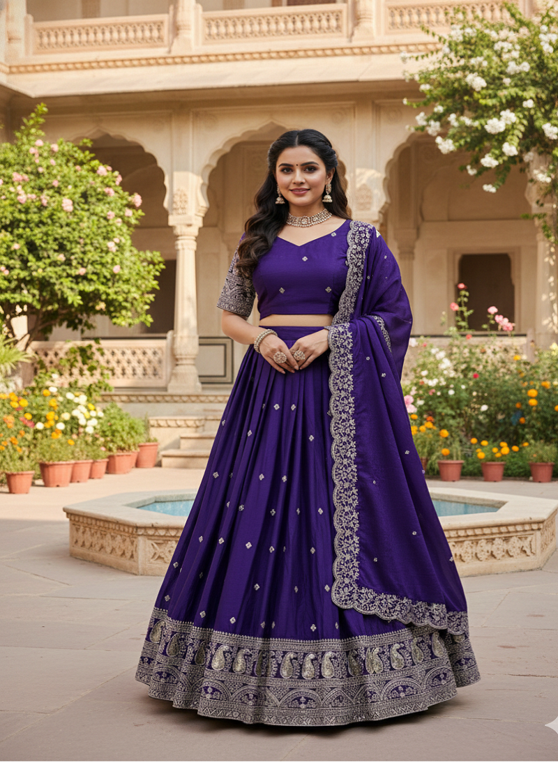 Purple Chinon Silk Thread With sequin Lehenga set with Choli and dupatta