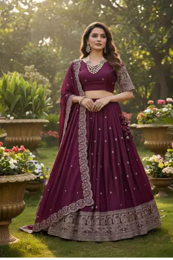 Wine Chinon Silk Thread With sequin Lehenga set with Choli and dupatta