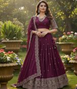 Wine Chinon Silk Thread With sequin Lehenga set with Choli and dupatta