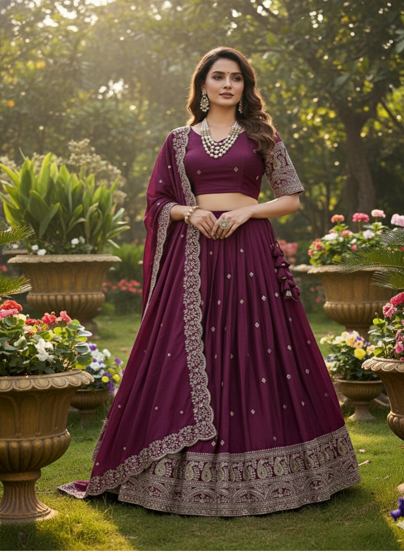 Wine Chinon Silk Thread With sequin Lehenga set with Choli and dupatta