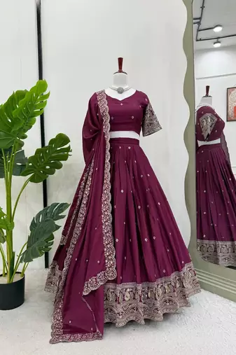 Wine Chinon Silk Thread With sequin Lehenga set with Choli and dupatta