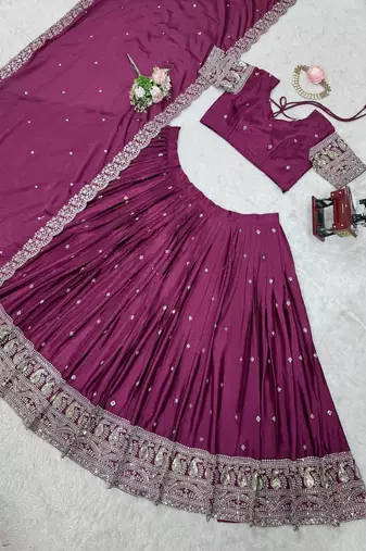Wine Chinon Silk Thread With sequin Lehenga set with Choli and dupatta