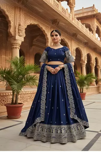 Navy Blue Chinon Silk Thread With sequin Lehenga set with Choli and dupatta