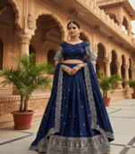 Navy Blue Chinon Silk Thread With sequin Lehenga set with Choli and dupatta