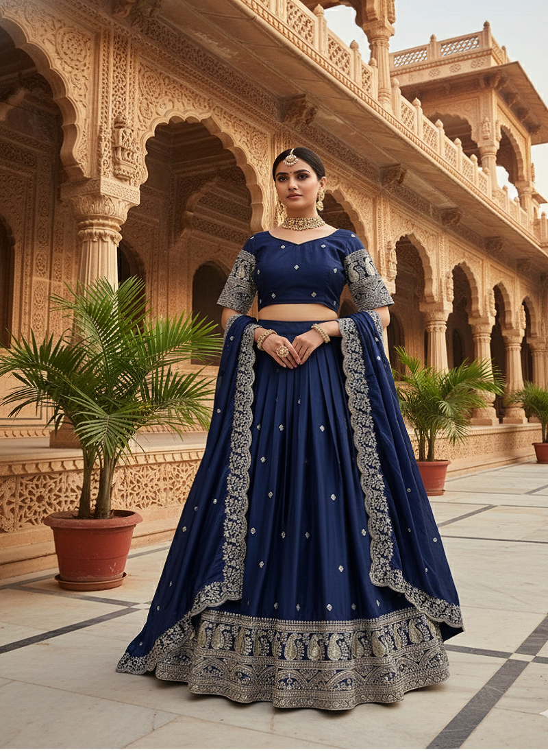 Navy Blue Chinon Silk Thread With sequin Lehenga set with Choli and dupatta