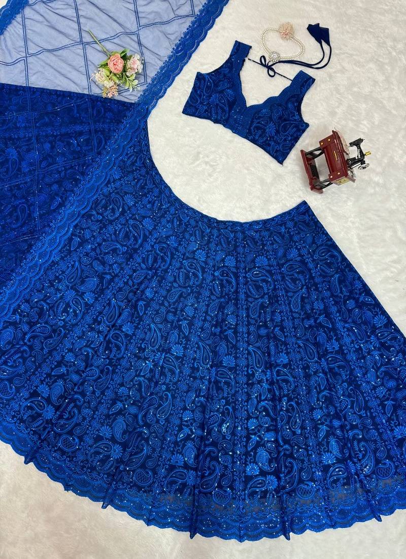 Royal Blue Georgette sequin & Thread Lehenga set with Choli and dupatta
