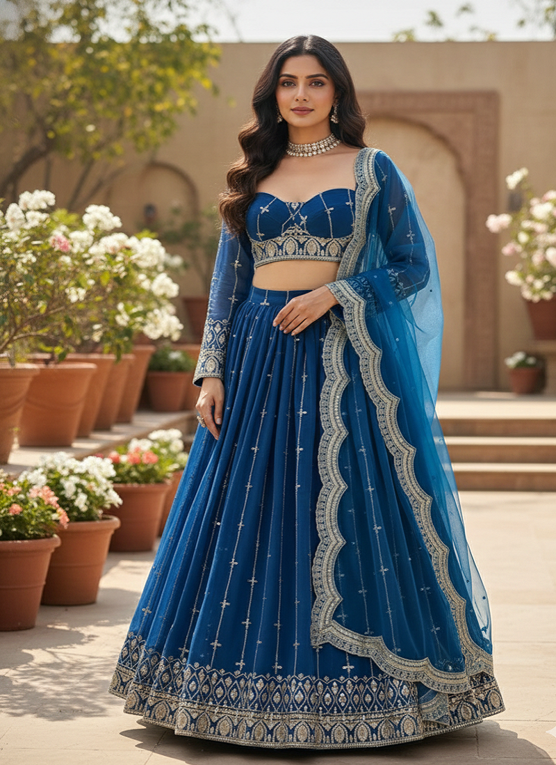 Blue Faux Georgette Fabric sequin Lehenga set with Choli and dupatta
