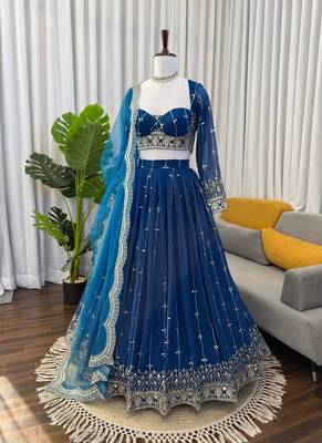 Blue Faux Georgette Fabric sequin Lehenga set with Choli and dupatta 2