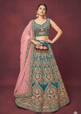 Teal Blue Velvet Thread Zari Dori & Sequins Embroidery Work Wedding Festival Party Wear Designer Lehenga Choli 1
